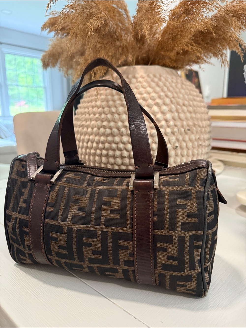 Fendi Brown Monogram Barrel Tote with Dark Brown Leather Trim